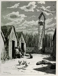 Missionary Square in Meuong Ngan. Engraving by Eugene Burnand, to illustrate the story “Journey in Upper Laos”, in 1880, by Dr. P.Neis. Published in Le Tour du monde, nouveau journal des voyages, 2nd semester 1885, edited by Edouard Charton