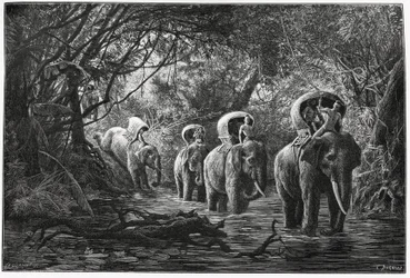 On the way into the forest, the expedition travels on the back of an elephant. Engraving by Eugene Burnand, to illustrate the story Journey in Upper Laos, in 1880, by Dr. P.Neis. Published in Le Tour du monde, nouveau journal des voyages, 2nd semester 1880