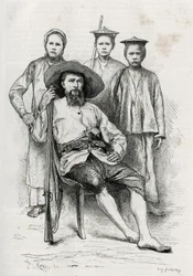 Portrait of the author, surrounds his travelling companions. Engraving by Eugene Burnand, to illustrate the story “Journey in Upper Laos”, in 1880, by Dr. P.Neis. Published in Le Tour du monde, nouveau journal des voyages, 2nd semester 1885, edited by Edou
