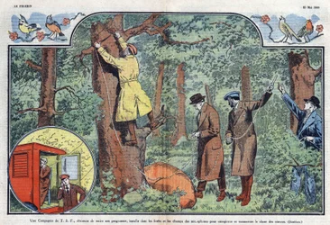 A T.S.F. company installs microphones in the forests and fields to record and transmit the song of birds. Illustration of Damblans in Le Pelerin of 21 May 1933.