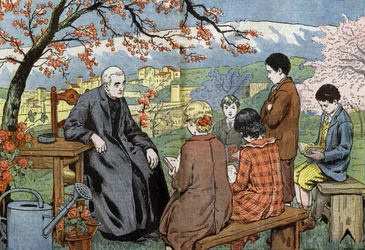 A priest and future young people who are going to take their communion, in a garden, drawing by Damblans from paper "Le Pelerin" May 17