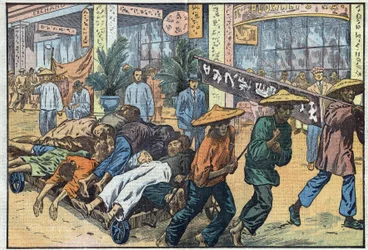 Civil war between nationalists and communists in China: after the communist unrest in Canton, the corpses of the victims are piled up on carts. Illustration by Damblans. In "Le Pèlerin" of March 4