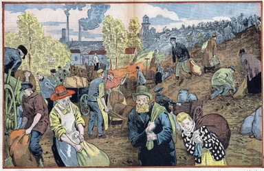 Hunters search for pieces of coal among the stones extracted from the mines to heat themselves during the winter. Ruhr Region, Germany. Illustration of Damblans. In 