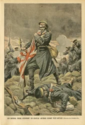 Illustration of Eugene Damblans (1865-1945) in Le Pelerin, 01/01/05 - A Russian corporal tearing a Japanese flag in front of Port Arthur