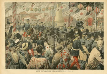 Illustration of Eugene Damblans in Le Pelerin, 05/11/05 - The triumphal entrance to Tokio of the Japanese Admiral Togo - Armee, Japan, Crowd, Tokyo - Admiral Admirals, Togo Heihachiro, Civilians