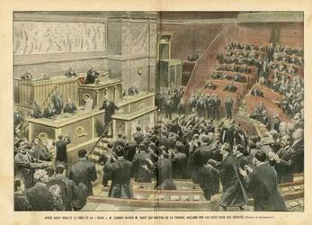 Illustration of Eugene Damblans (1865-1945) in Le Pelerin, 06/11/04 - After Insulting the Pope and The Cross, M. Combes Insulted M. Ribot Who Descended from the Podium, Cheered by Two Thirds of the Deputies