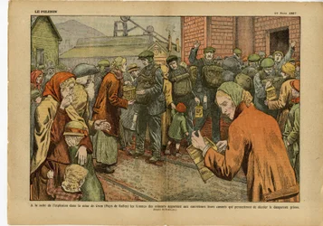 Illustration of Eugene Damblans in Le Pelerin, 20/03/27 - Following the explosion in the mine of... the women of the miners bring to rescuers their canaries that allow to deter the dangerous firedamp - England Great Britain, Mining, Industry