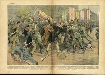 Illustration by Eugène Damblans (1865-1945) in Le Pèlerin, 27/06/37 - The swastika against the Cross of Christ in Hitlerian Germany - Germany, Prussia, religion, faith, crowd, fighting, righting, swastika, Christian cross, Catholic Catholicism - Sold