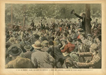 Illustration of Eugène Damblans (1865-1945) in Le Pèlerin, 30/06/07 - The Narbonnais crowd cheers for the Montpellier man M. Ferroul, whose arrest caused bloody days - Social, Wine, Wine Crisis, Winegrowers
