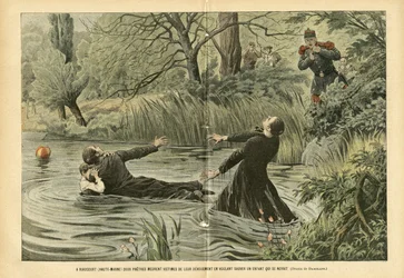 Illustration of Eugene Damblans (1865-1945) in Le Pelerin, 30/07/05 - In Riaucourt (Haute-Marne) Two Priests Die Victims of Their Devotion Trying to Save a Drowned Child