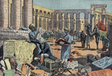 Jean Francois Champollion (1790-1832), a French egyptologist, studying an inscription among the colonnades of Thebes