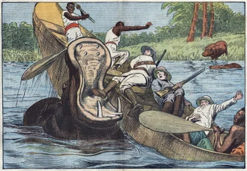 On Lake Victoria, Africa, a boat occupied by Anglican missionaries and indigenous people is capsized by a wounded hippo. Illustration of Damblans. In “Le Pelerin” of May 16