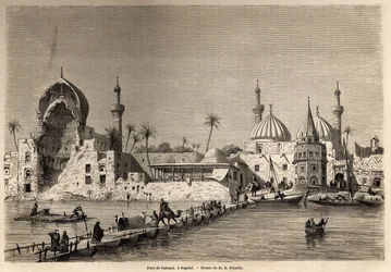 A boat bridge, in Baghdad, drawing by Eugene Flandin, to illustrate his voyage to Mesopotamia in 1840-1842. Engraving in "Le tour du monde" 1861. Selva