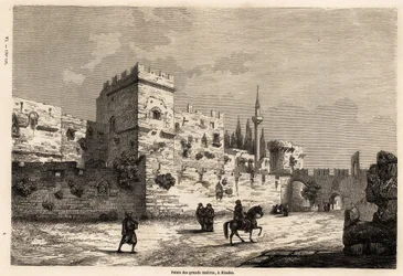 The palace of the great masters in Rhodes, drawing by Eugene Flandin, to illustrate his journey to the island of Rhodes in 1844. Engraving in Le tour du monde, edited by Edouard Charton