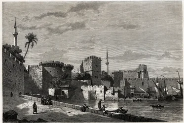 The view of the port of Rhodes and the gate of Aubusson, drawing by Eugene Flandin, to illustrate his journey to the island of Rhodes in 1844. Engraving in “Le tour du monde”, edited by Edouard Charton