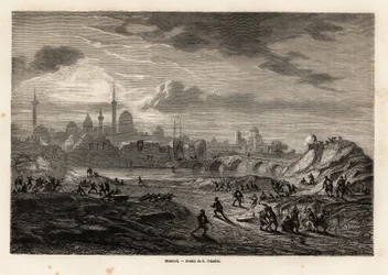 View of Mosul (Iraq), on the banks of the Tiger River, drawing by Eugene Flandin, to illustrate the expedition to Nineveh, from 1844 to 1860, of Vivian de Saint Martin. Engraving in Le tour du monde, edited by Edouard Charton