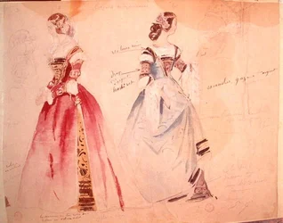 Two female costume designs at the time of the creation of 
