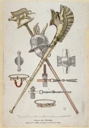 Accessories of the Gallic Warrior: Banner Decorating a Saglier Teaches, the Helmet and the Warhorn (Carnyx) - in “Illustrous Teaching Cahiers, War Costumes of the Bronze Age and the Gaulish Age”, ed. Grasset