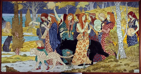 Harmony Musicians and animals. Lava enamel by Eugene Grasset 1893
