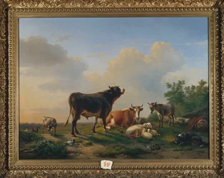 A Bull, a Cow, a Donkey, a Goat, Sheep and Poultry in an Extensive Landscape