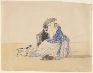 A Couple Seated on the Beach with Two Dogs, c. 1865