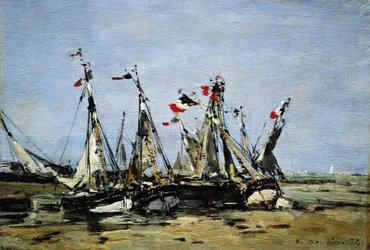 Trouville, waiting for the tide, fishing boats on the beach, decorated with French flags, commemorating the French Revolution of 1789