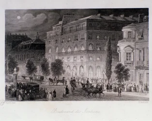 Animation around theatres of the boulevard des Italians in Paris. Engraving by Eugene Louis Lami, 1843