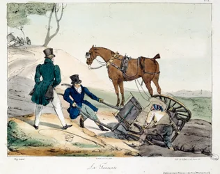 Cart accident caused by the rail. Illustration of the book “La vie de chateau”. Engraving by Eugene Louis Lami