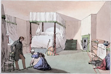 Hostel: a servant helping a customer to put on shoes. Illustration by Eugene Louis Lami (1800-1890), mid-19th century