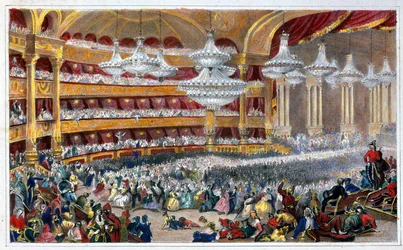 Masked ball at the Opera in the 19th century - by Dolfino, after Lami.