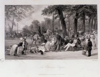 Passengers and walkers on the Champs Elysees in Paris. Engraving by Eugene Louis Lami (1800-1890) 1841 Private collection