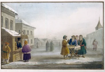Tobacco vendor in front of a tobacco shop in Russia