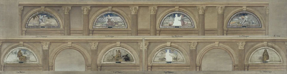 Sketch for the dining room of the Hôtel de Ville de Paris: The Fields. The Orchard. The Flower Bed. The Vegetable Garden. Fishing. Hunting. The Farm. The Pasture, circa 1891