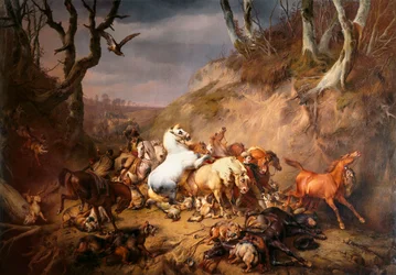 Hungry Wolves Attacking a Group of Horsemen