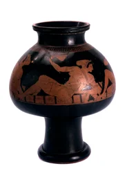 Red-figure psykter wine cooler with a symposium scene, Ancient Greek, c505-c500 BC