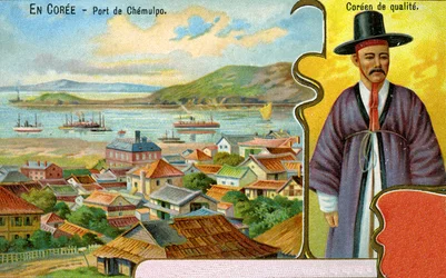 A Korean gentleman in traditional dress (hanbok) and hat (gat) and a view of the port of Chemulpo (Incheon), 1904