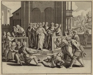 Ananias dropping dead after lying to the Holy Spirit