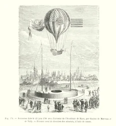 Ascent on June 12, 1784 with the Aerostat of the Academy of Dijon, by Guyton de Morveau and de Virly, First Attempt to Steer Aerostats Using Oars (engraving)