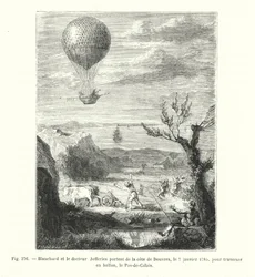 Blanchard and Dr. Jefferies Depart from the Coast of Dover on January 7, 1785, to Cross the English Channel by Balloon (engraving)