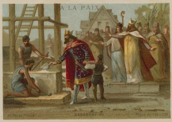 Dagobert I, King of the Franks, beginning the construction of the Basilica of St Denis, France