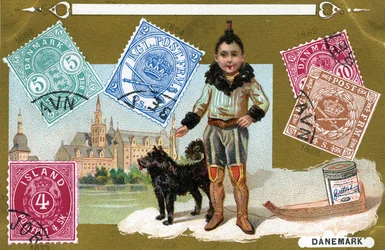 Danish and Icelandic Postage Stamps with an Inuit child and his dog, 1897