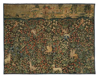 Mille fleurs tapestry fragment depicting animals, birds and landscape, c.1500