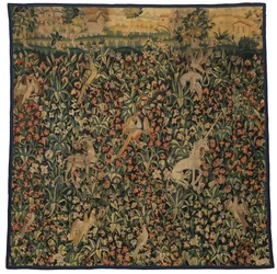 Mille fleurs tapestry fragment depicting animals, birds and landscape