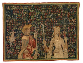 Mille Fleurs Tapestry Fragment Depicting Shepherd and Shepherdess or Lady and Youth