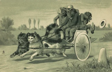 Monkeys Driving a Carriage Pulled by Two Cats