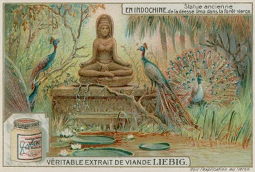 Statue of the Goddess Uma in a Forest with Peacocks
