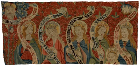 Tapestry Fragment Depicting the Almighty and Six Holy Women, Probably from an Antependium, End of 15th Century