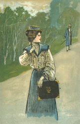 Woman in the Woods Being Watched by a Man