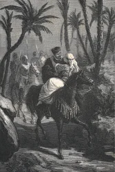 Cervantes rides a horse with a woman in an oasis