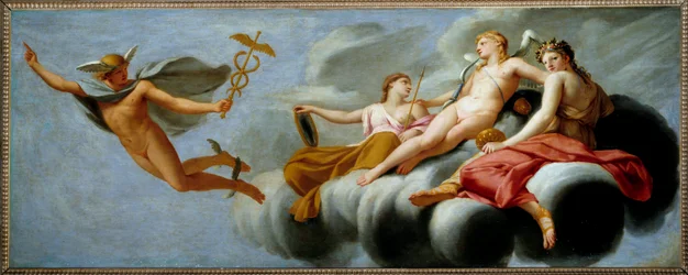 Cupid orders Mercury to announce his power to the universe. Hermes has lost his attribute. Painting by Eustache Le Sueur (1617-1655), 1646, Sun. 1x2,5 m.